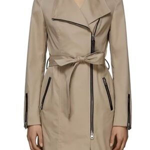 Mackage Estela water resistant raincoat with leather trim zip closure belt EUC L